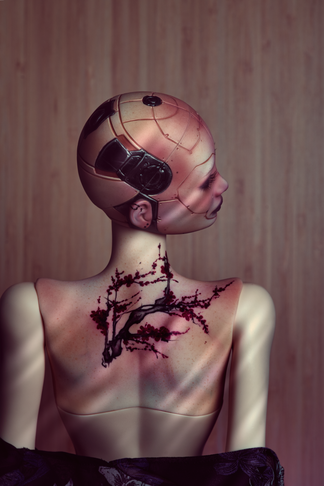 A female cyborg asian doll with plum blossom back tattoo